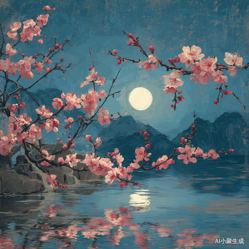 月亮,夜幕下,几株盛开的桃花垂落在湖面上