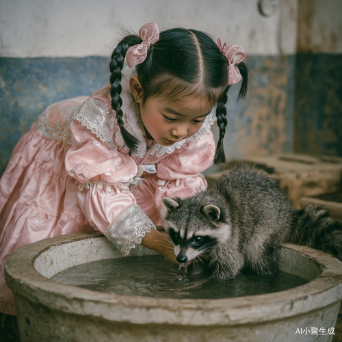 小女孩公主裙下为狸花猫洗澡的温馨瞬间