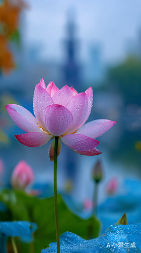 轻纱蓝背景下粉红莲花与古风小塔
