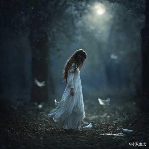 夜幕下的森林姑娘与灵动鸽子交织的诗意画卷
