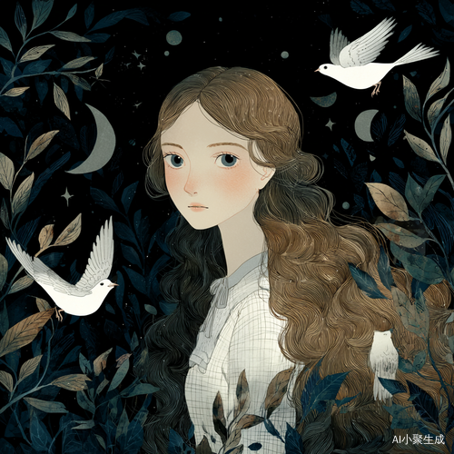 夜幕下的森林姑娘与灵动鸽子交织的诗意画卷