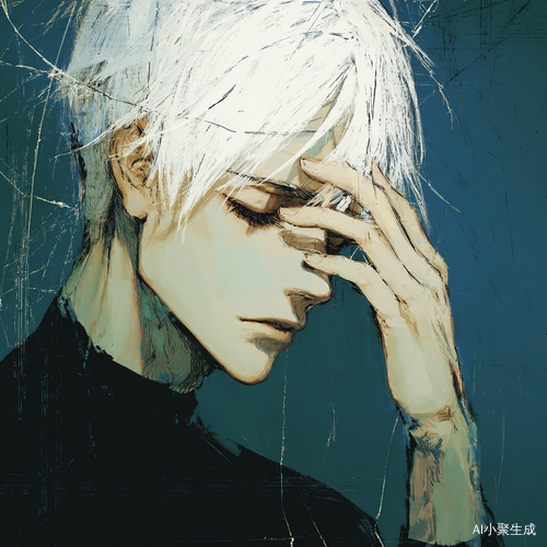 动漫男孩，冷脸帅哥，19岁，白色短发，冰裂纹透明风格，修长的手指骨节分明，一滴泪