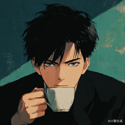 动漫男孩，冷脸帅哥，冷淡的气质，无法靠近的气质，黑色短发，酒吧岛台，骨节分明的右手拿着一个杯子，挡在脸前