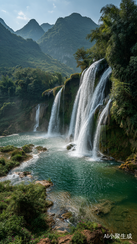 崇山峻岭间,一条气势磅礴的瀑布自陡峭悬崖飞泻而下。水流如万马奔腾,裹挟着无数晶莹水珠,在阳光映照下,闪耀着七彩光芒。瀑布飞坠过程中,溅起层层洁白水花,似云似雾,弥漫四周。瀑布下方,激起巨大的水潭,潭水碧绿如翡翠,波光粼粼。潭边草木葱茏,野花烂漫,为这壮观之景增添了几分灵动。远处青山连绵,与这飞瀑相互映衬。整幅画面仿佛银河从九天之上倾泄而下,充满震撼与美感,让人不禁沉醉其中。