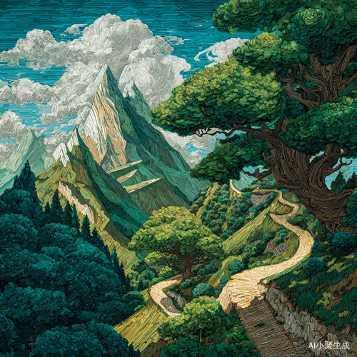 巍峨的高山,绿色的树木,弯曲的山道