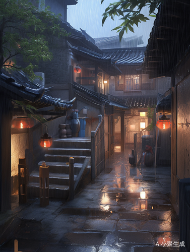 江南的傍晚，一场细雨刚歇。古老的老宅静静伫立，散发着岁月的韵味。院子里，昏黄的灯光如星星点点，在暮霭中闪烁着微弱而温暖的光芒。潮湿的青石板地面，倒映着灯光，泛着粼粼水光，每一块石板的纹理都仿佛诉说着往昔的故事。一棵高大的流苏树，满树繁花如雪，在夜风中轻轻摇曳，细碎的花瓣偶尔飘落，宛如雪花纷飞。空气中弥漫着流苏花淡雅清幽的香气，令人沉醉。此时，泡上一壶清茶，茶香袅袅升腾，与花香交织。在这宁静的小院中，与花草相伴，感受着这份闲适惬意的烟火生活，仿佛时光都慢了下来。