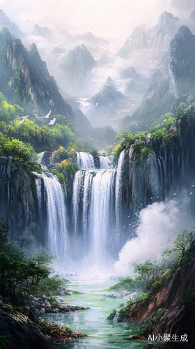 崇山峻岭间,一条气势磅礴的瀑布自陡峭悬崖飞泻而下。水流如万马奔腾,裹挟着无数晶莹水珠,在阳光映照下,闪耀着七彩光芒。瀑布飞坠过程中,溅起层层洁白水花,似云似雾,弥漫四周。瀑布下方,激起巨大的水潭,潭水碧绿如翡翠,波光粼粼。潭边草木葱茏,野花烂漫,为这壮观之景增添了几分灵动。远处青山连绵,与这飞瀑相互映衬。整幅画面仿佛银河从九天之上倾泄而下,充满震撼与美感,让人不禁沉醉其中。