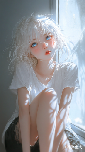画面中,一位宅女静处一隅。她身着一件简约的白色纯棉T恤,质感柔和,在光线的映照下泛着淡淡的光泽,领口微微敞开,随性又慵懒。一头洁白的头发如瀑布般肆意散落,发丝间透着自然的凌乱美,像是被微风不经意地抚过。她那蓝粉渐变的眼眸宛如梦幻之湖,蓝色深邃如幽潭,粉色娇柔似云霞,透着灵动与俏皮。一副精致的圆框眼镜架在鼻梁上,金属边框闪烁着细腻的光泽,镜片微微反光,为她增添了几分知性的气质。她微微低头,长长的睫毛在脸颊上投下一层淡淡的阴影,整个人仿佛沉浸在自己的小世界里,静谧而美好。