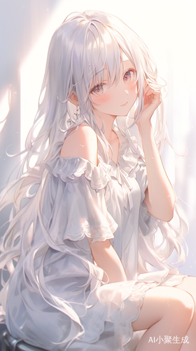 画面中,一位宅女静处一隅。她身着一件简约的白色纯棉T恤,质感柔和,在光线的映照下泛着淡淡的光泽,领口微微敞开,随性又慵懒。一头洁白的头发如瀑布般肆意散落,发丝间透着自然的凌乱美,像是被微风不经意地抚过。她那蓝粉渐变的眼眸宛如梦幻之湖,蓝色深邃如幽潭,粉色娇柔似云霞,透着灵动与俏皮。一副精致的圆框眼镜架在鼻梁上,金属边框闪烁着细腻的光泽,镜片微微反光,为她增添了几分知性的气质。她微微低头,长长的睫毛在脸颊上投下一层淡淡的阴影,整个人仿佛沉浸在自己的小世界里,静谧而美好。