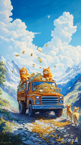 蓝天白云阳光明媚,两个橘色猫开着卡车,卡车上装满金银珠宝,并有三只狗狗坐在珠宝的车上走在布有金钱的山谷峡道上