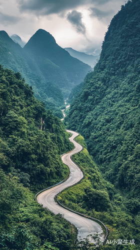 盘山公路环绕郁郁葱葱的自然景象