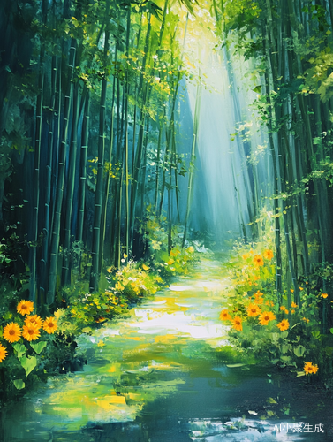 油画风格竹林向日葵小溪流水树林高清图