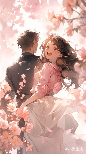 校园风格的男女赏花甜蜜瞬间