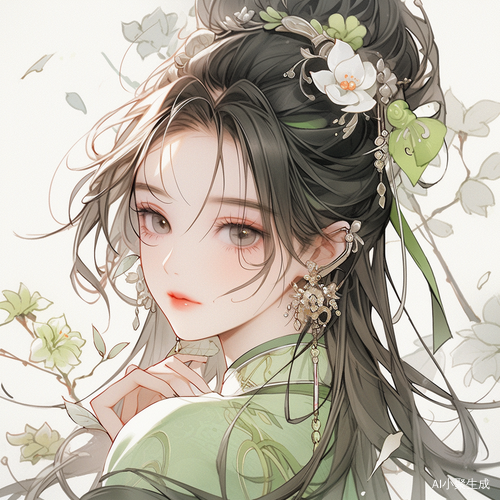 古国风动漫风格温婉少女月下吹奏玉笛的绝美容颜