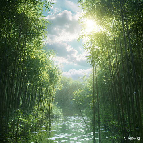 郁郁葱葱竹林与阳光下的湖水美景