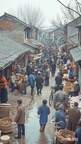 1980年代中国北方乡村赶集日热闹场景描绘