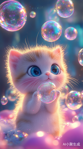 可爱小奶猫吹泡泡的治愈系画面