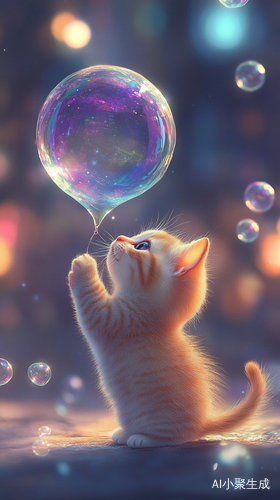 萌萌小奶猫咪吹泡泡的治愈系画面