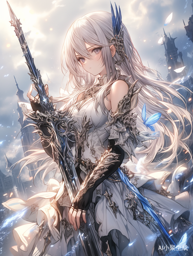 Create a girl.Facial is a little mature.She has long white hair and blue eyes.Her expression is firm and she holds a sword in her hand.Double swords are light blades.Mechanical wings grow behind her and float in mid-air. The sky behind her tore open a large gap, revealing part of the universe.Contains lightning elements.sense of technology.Beautiful five senses.Wearing a tight black and white suit.high-definition picture quality.Beautiful painting style.Rich colors.色调丰富