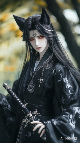魔幻古风漫画，BJD，男，狼耳，黑色长发及腰，化妆，五官精致，英气逼人，英俊帅气的脸，长睫毛，剑眉星目，黑色广袖华服，一件毛绒绒的黑水貂网纱貂皮斗篷，权势滔天，五指修长，手握锋利宝剑，霸气侧漏，漫画风格，线条加粗，高对比度线条，线稿优先，清晰轮廓，硬边线条，手绘线稿质感，凌乱线条，复古网点，黑色描边，强轮廓线，尖锐线条。