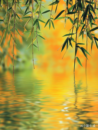 远景竹林竹叶，近景有竹叶，细细小溪，水中有黄色的倒影，竹子象征阳光、积极，竹子常代表高洁、坚韧，它们与溪流共同营造出自然清新、富有生机的氛围，高清大图，
