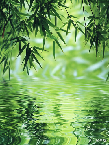 远景翠绿竹林竹叶，近景有竹叶毛竹，细细小溪，水中有绿色倒影，竹子象征阳光、积极，竹子常代表高洁、坚韧，它们与溪流共同营造出自然清新、富有生机的氛围，高清大图，整体清新翠绿，竹子占80%
