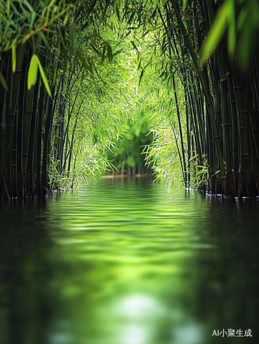 远景翠绿竹林大片竹林,近景有几珠竹子竹叶,细细小溪,水中有绿色倒影,竹子象征阳光、积极,竹子常代表高洁、坚韧,它们与溪流共同营造出自然清新、富有生机的氛围,高清大图,高高的竹林围绕着小溪水