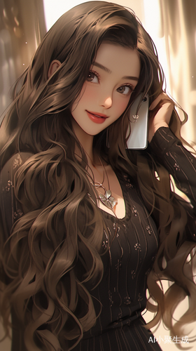画面呈现一位身高180的现代神女，以站姿拍摄半身正面照。她有着完美比例的脸庞，精致五官，一双美目灵动且带有甜美的卧蚕，搭配精致睫毛，脸颊微微泛红，正露出甜美微笑。一头长发飘飘，发丝顺滑。其身着高品质礼服裙，有良好包裹感，展现出细腻肌肤却不过分暴露，还能看到精致的锁骨。她身处户外街道，在丁达尔效应的电影光下，呈现出大景深效果，动作富有动态感。整体画面有着无限细节、最高质量，如同北条司的肖像画般，经电影CG渲染，超高清且真实，风格融合古风与漫画感，尽显柔美。