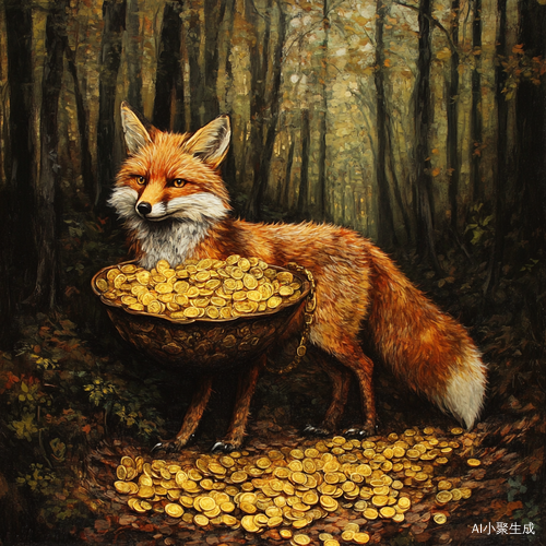 白狐背上驮着装着滿满的金银财宝的大金盆正从森林中沿着铺满金币的小道上一路向我走来