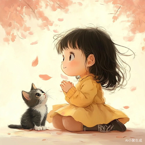 可爱的穿黄色衣服小女孩和她小猫猫