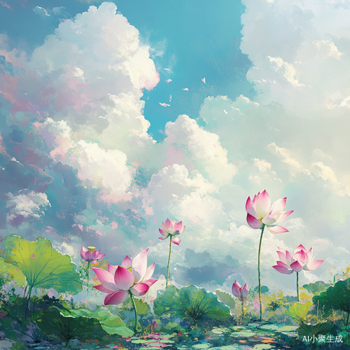 天空有七色彩云,地上盛开着莲花