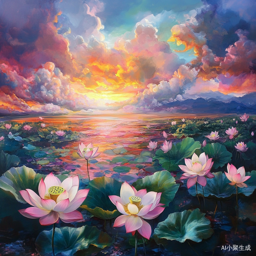 天空有七色彩云,地上盛开着莲花