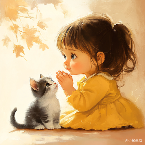 可爱的穿黄色衣服小女孩和她小猫猫