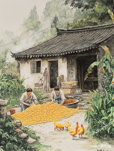 这是一幅乡村生活场景。画面中，两个人在农家小院前忙碌着处理玉米，地上堆放着大量的玉米。一条小黄狗来回奔跑，两只鸡欢快地捡拾玉米粒。房屋带有传统装饰，周围绿植环绕，还笼罩着一层薄雾 。这展现了农村收获时节人们劳作的日常，充满朴实的生活气息，传递出乡村生活的质朴与温馨，勾起人们对乡村生活的怀念和对丰收的喜悦之情。