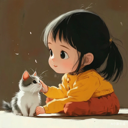 可爱的穿黄色衣服小女孩和她小猫猫
