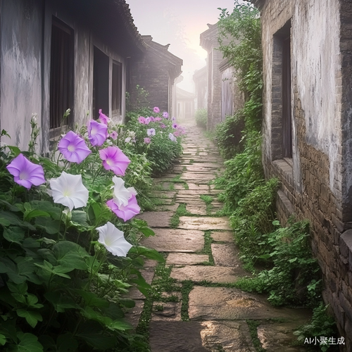 江南古巷;青石路蜿蜒至庭院角落,紫、白、粉三色牵牛花缠枝绽放;薄雾轻绕,绿野为幕;治愈意境美如画卷!