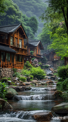 精致的木屋，庭院，竹林，溪水潺潺，石头缝隙的水缓缓流淌，绿意盎然，凉爽，绿色背景，精致细节，治愈，意境，高清摄影