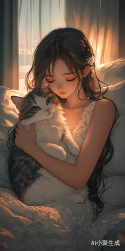 夜晚的卧室沉浸在柔和的灯光与宁静的氛围中，一位美丽的女孩静静地坐在床边，怀抱着一只毛茸茸的猫咪。她拥有柔顺的棕色长卷发，微微垂落在肩头，深邃的黑眼珠映照着微光，闪烁着温暖而宁静的光辉。她身穿白色蕾丝连衣裙，细腻的花纹在柔和的光线下展现出优雅而梦幻的气息。怀中的猫咪安静地蜷缩在她的怀里，轻轻闭着眼睛，偶尔发出低低的呼噜声，为这静谧的夜晚增添一抹温馨。窗外的夜色深邃而静谧，而室内则沉浸在温暖的宁静之中，空气中弥漫着淡淡的暖意，使这一刻充满柔和与诗意。