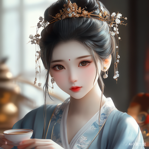渲染风格,超现实主义,一个胖嘟嘟很可爱的古代女子,五官精致,大眼睛双眼皮,眉型为细长的柳叶眉,眉色自然,双眸明亮有神,呈杏仁状,透着温婉灵动之感,鼻梁小巧精致,恰到好处地勾勒出面部立体感,唇形饱满。途有鲜红的口脂,有点苦恼的表情,流露出烦恼气质。她的头发乌黑亮丽,梳成了经典的唐代倭堕髻,倭堕髻插鎏金蔓草纹头饰,发髻高耸且富有层次感,线条优美流畅,一侧别着精美的金色发簪,发簪造型繁复,雕琢着精致的花卉或藤蔓纹样,末端垂有小巧的坠饰,随着人物动作微微晃动,另一侧装饰有华丽的金质花钿头饰,增添了几分雍容华贵。她佩戴着一对精致的耳饰,色泽温润,与整体造型相得益彰。身着传统汉服,衣服浅蓝色为主调,饰有精致花纹,整体营造出一种唯美浪漫的古风氛围。安静的坐在茶桌旁,右手端着一杯热茶,背景随着整体内容模糊