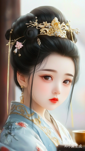 一个圆脸,胖嘟嘟很可爱的古代女子,五官精致,大眼睛双眼皮,眉型为细长的柳叶眉,眉色自然,双眸明亮有神,呈杏仁状,透着温婉灵动之感,鼻梁小巧精致,恰到好处地勾勒出面部立体感,唇形饱满。途有鲜红的口脂,有点苦恼的表情,流露出烦恼气质。她的头发乌黑亮丽,梳成了经典的唐代倭堕髻,倭堕髻插鎏金蔓草纹头饰,发髻高耸且富有层次感,线条优美流畅,一侧别着精美的金色发簪,发簪造型繁复,雕琢着精致的花卉或藤蔓纹样,末端垂有小巧的坠饰,随着人物动作微微晃动,另一侧装饰有华丽的金质花钿头饰,增添了几分雍容华贵。她佩戴着一对精致的耳饰,色泽温润,与整体造型相得益彰。身着传统汉服,衣服浅蓝色为主调,饰有精致花纹,整体营造出一种唯美浪漫的古风氛围。安静的坐在茶桌旁,右手端着一杯热茶,背景随着整体内容模糊