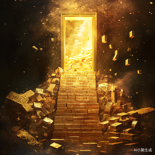 黄金阶梯,阶梯两边堆满了金砖,黄金阶梯顶部有一黄金门,金元宝不断从门里跳出
