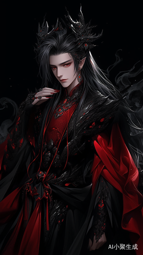 伪厚涂,魔幻古风,BJD男,魔尊,很仙黑色古装汉服,黑色长发,一对红黑色恶魔翅膀,魔法高强,手持银黑色魔剑,精美绝伦的五官,英俊帅气的脸庞,英气逼人,美如冠玉,风度翩翩,魔法高强,轻功甚好 漫画 黑底,漫画风格,漫画线条加粗,高对比度线条,线稿优先,清晰轮廓,硬边线条,手绘线稿质感,凌乱线条,复古网点,黑色描边,强轮廓线,尖锐线条