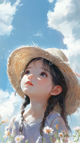 中国现代小女孩，草帽，阳光明媚，蓝天白云，花团锦簇，春意盎然，柔和色调