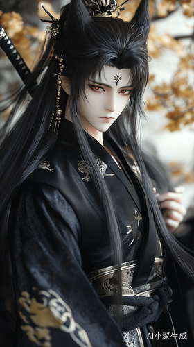 魔幻古风漫画，BJD，男，狼耳，黑色长发及腰，化妆，五官精致，英气逼人，英俊帅气的脸，长睫毛，剑眉星目，黑色广袖华服，一件毛绒绒的黑水貂网纱貂皮斗篷，权势滔天，五指修长，手握锋利宝剑，霸气侧漏，漫画风格，线条加粗，高对比度线条，线稿优先，清晰轮廓，硬边线条，手绘线稿质感，凌乱线条，复古网点，黑色描边，强轮廓线，尖锐线条。