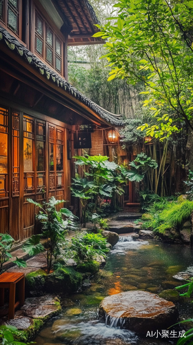 精致的木屋，庭院，竹林，溪水潺潺，石头缝隙的水缓缓流淌，绿意盎然，凉爽，绿色背景，精致细节，治愈，意境，高清摄影