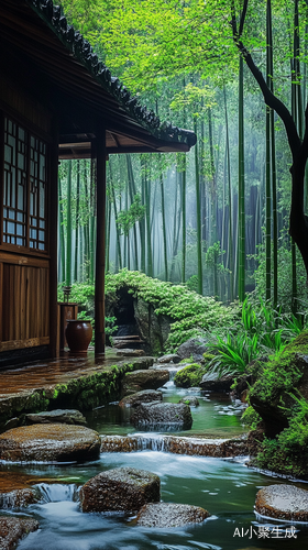 精致的木屋，庭院，竹林，溪水潺潺，石头缝隙的水缓缓流淌，绿意盎然，凉爽，绿色背景，精致细节，治愈，意境，高清摄影