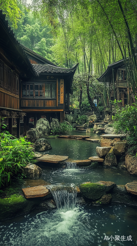 精致的木屋，庭院，竹林，溪水潺潺，石头缝隙的水缓缓流淌，绿意盎然，凉爽，绿色背景，精致细节，治愈，意境，高清摄影