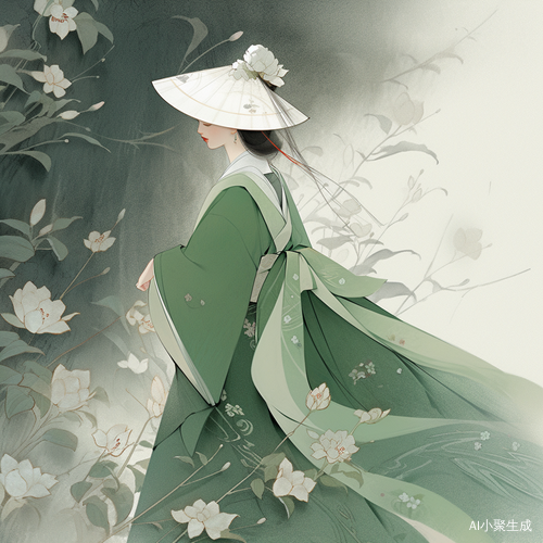 画面中，一位身姿婀娜的古风女子宛如从画中走来。她身着一袭翠绿色古风长袍，那长袍的质地轻柔飘逸，上面以精湛的技艺绣满了精致的白色小花，每一朵都栩栩如生，仿佛散发着淡淡芬芳。她头戴一顶斗笠，斗笠下垂下轻盈透明的薄纱面纱，薄纱上串着的晶莹珠链随着微风轻轻晃动，发出悦耳的声响。女子手持一支翠绿色笛子，笛身纹理细腻，仿佛蕴含着无尽的故事。她的黑发如瀑布般自然垂下，柔顺光滑。背景是一棵古朴苍劲的柳树，粗壮的树干彰显着岁月的痕迹，低垂的柳树枝条上点缀着洁白的花朵，花瓣随风飘落，增添了几分诗意。整个画面呈现出细腻、柔美的中国风绘画风格，色调清新淡雅，宛如一幅绝美的画卷。