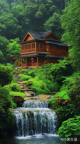 精致的木屋，庭院，梯田形状的瀑布，小野花，绿色小草，苔藓，凉爽感，溪流声，绿树环绕，绿色背景，治愈，意境，高清摄影
