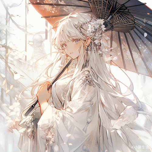古风美女手持雨伞，身穿白衣精致唯美美女